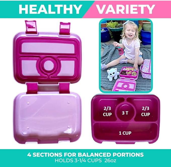 kinsho Bento Lunch Box with Insulated Bag and Water Bottle Set for Kids Toddlers, 4 Portion Sections, Removable Tray, Pre-School Girl Toddler Daycare Lunches, Snack Container, Pink Unicorn