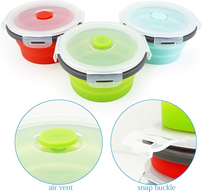 Ecomorning 3Piece Round Collapsible Lunch Container Silicone Food Storage Containers Collapsible Camping Bowl with Airtight Silicone Lids, Microwave, & Freezer Safe, 350ML