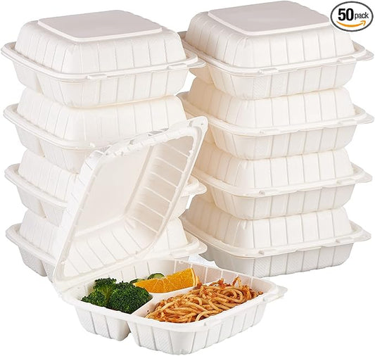 FULING [8x8-Inch, 50 Pieces, 3-Compartment Disposable To Go Box Containers, Plastic Clamshell Takeout Food Trays, Microwave Safe, Cut Resistantstable Hinged Lid, Hybrid Polypropylene, White