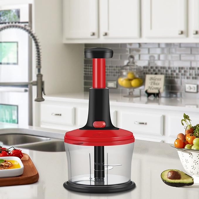 Smile mom Vegetable Chopper Food Chopper, Quick Hand Press Chopper Dicer, Pro Food Cutter, Easy to Chop Vegetables, Fruits, Herbs, Salsa, Puree, Pesto, ABS Food Grade Material 1.2L Red
