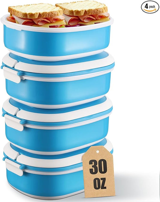4 Pack Airtight Food Storage Containers，Reusable Kitchen Sandwich Containers with Lids Set for Meal Prep, Lunch,Salad，Snack, Microwave Safe, BPA-Free and Leak-Proof，30oz. Each