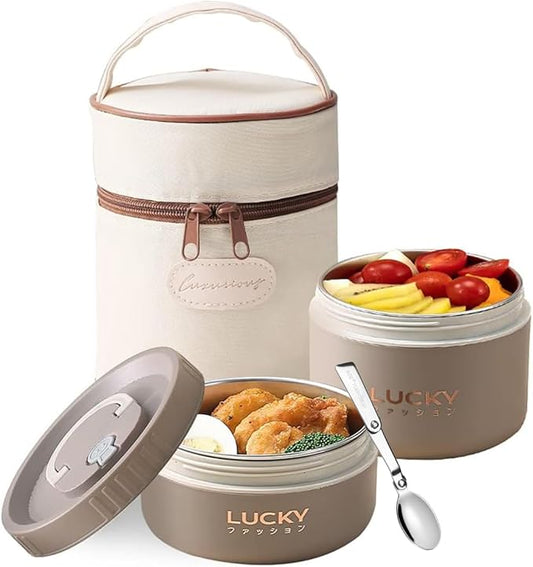Portable Bento Box Set, 2 Stackable Thermal Food Containers for Adult, Brown