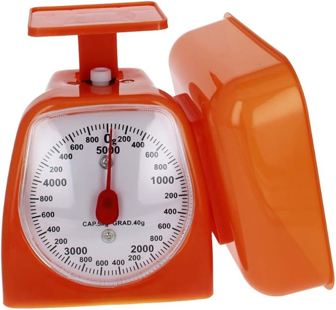 Utoolmart Mechanical Kitchen Scale - Diet Food Scale - with Pounds & Kilogram Measurements - Measuring Range 5000g Accuracy 5g with Tray Orange 1Pcs