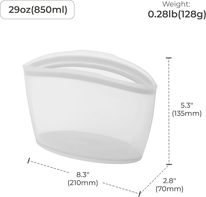 Platinum Silicone Food Grade Reusable Storage Bag, 3.6Cup Leak-Proof Airtight Seal, BPA-Free, Microwave, Freezer & Dishwasher Safe, Heat Resistant Sous Vide,Silicone Snack Bags, White