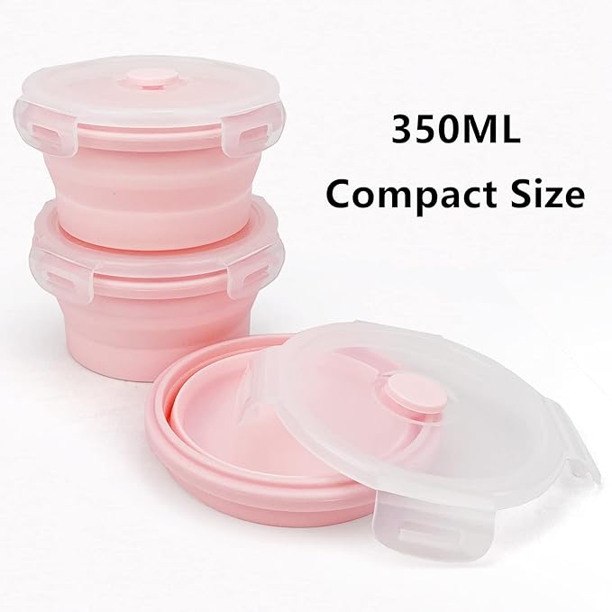 CCyanzi 3piece Round Collapsible Bowl with Lids, Silicone Food Storage Containers, Microwave & Freezer Safe, Space Saving for Kitchen Cabinet and Camping Backpack,(Pink)