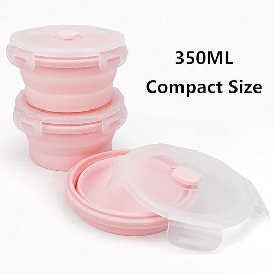 CCyanzi 3piece Round Collapsible Bowl with Lids, Silicone Food Storage Containers, Microwave & Freezer Safe, Space Saving for Kitchen Cabinet and Camping Backpack,(Pink)
