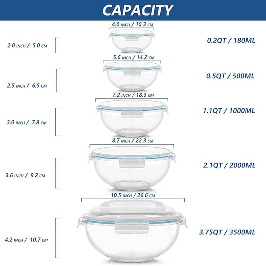 Luvan Glass Mixing Bowl with Lids Set of 5(0.2QT, 0.5QT, 1.1QT, 2.1QT, 3.75 QT), Space-Saving Nesting Bowls Anti-slip Salad Bowls for Storage, Cooking, Microwave,Freezer,Oven and Dishwasher Safe