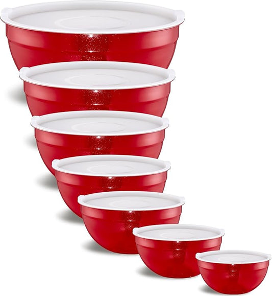 Red Mixing Bowls With Airtight Lids,Stainless Steel Bowl,Salad Bowls 7 Piece Colorful Nesting Bowl Rainbow Kitchen Accessories,Size 7,3.6,2.7,2.1,1.5,1.1,0.8QT Stackable Design