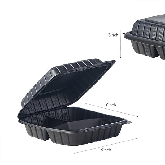 9X9 3-Compartment 50-Pack Plastic Clamshell Takeout Food Trays Heavy Duty Togo Disposable Box For Pasta Salad Sandwich Carryout Hinged Containers With Secure Snap Lid (Formerly FULING)