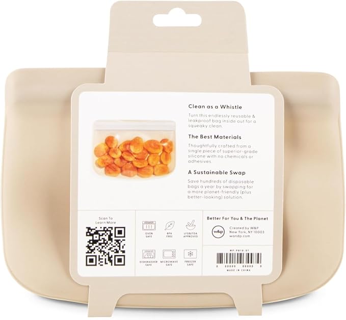 W&P Porter Silicone Reusable Storage Bag, Sandwich (10oz Flat), Oat, Food Storage Container, Microwave and Dishwasher Safe, Easy Cleaning