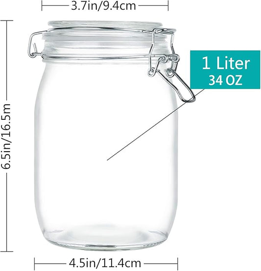 OAMCEG 4 Pack Wide Mouth Mason Jars - 34 OZ Airtight Glass Canning Jars with Leak Proof Rubber Gasket and Clip Top Lids, Perfect for Storing Coffee, Sugar, Flour or Sweets