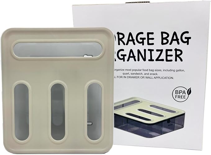 Storage Freezer Bag Organizer, Drawer or Wall Mount Kitchen Storage organizer, 4-Slots, Fits all the most common food bag sizes Gallon, Sandwich, Snack, Quart (Beige)