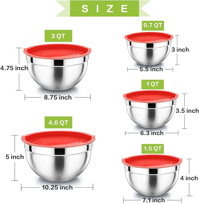 P&P CHEF Mixing Bowl with Lid Set of 5, 10-Piece Stainless Steel Nesting Salad Bowl Set for Prepping, Mixing and Serving, Size 4.6, 3, 1.5, 1, 0.7 QT, Rimmed Edges & Flat Base, Red