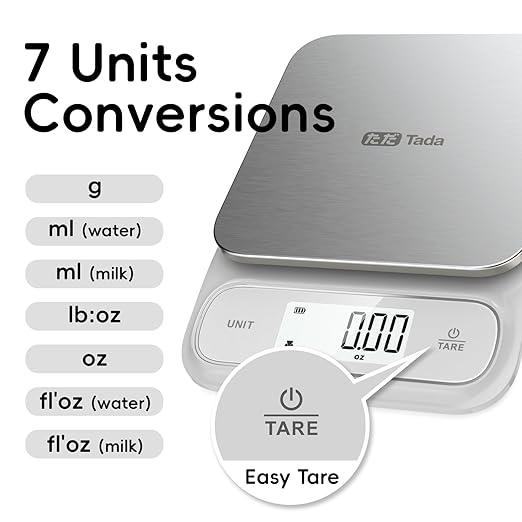 Tada 11lb Food Kitchen Digital Scale with 0.01oz/0.1g Precision IPX6 Waterproof, Type-C Charging, Ounces and Grams for Weight Loss, Cooking, Baking (White)