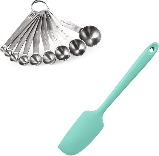 18/8 Stainless Steel Measuring Spoons Set for Dry and Liquid Ingredients (Set of 9), and 9×2inch 600ºF Heat-Resistant Food-Grade Small Mini Silicone Spatula (Aqua Sky)