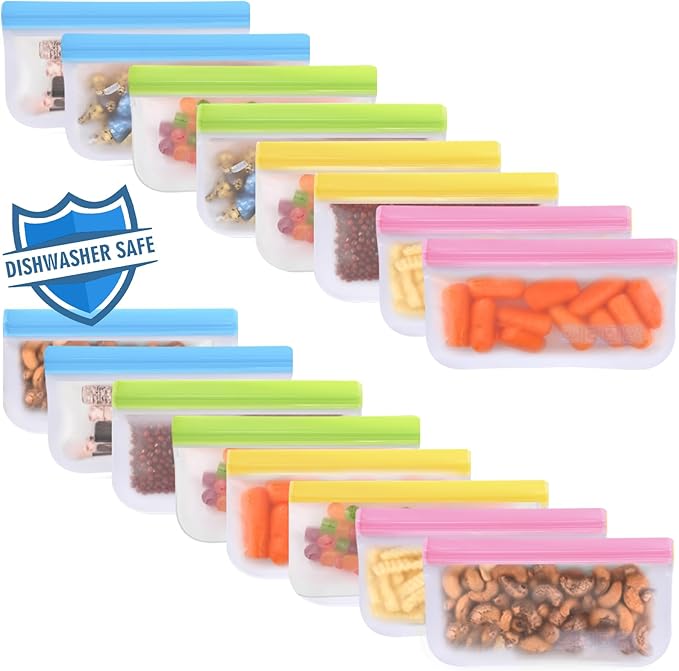 Lerine 16 Pack Reusable Snack Bags Dishwasher Safe, BPA Free Food Storage Bags, Extra Thick Leakproof Reusable Freezer Bag Silicone Snack Pouch For Candy, Fruits, Cereal, Home Organization