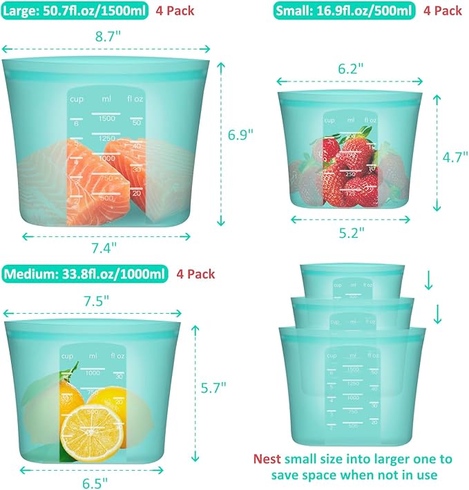 Reusable Food Bags, 12 Pack 100% Silicone Food Storage Bags Stand Up Zip Lock Container, Freezer Microwave Oven Dishwasher Safe, 4 Large 4 Medium 4 Small, Aqua