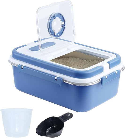 PENCK 15lbs Airtight Rice Storage Container Stainless Steel Flour Sugar Dispenser Food Box Holder Grain Cereal Bin with Measuring Cup for Kitchen Pantry Countertop, Blue