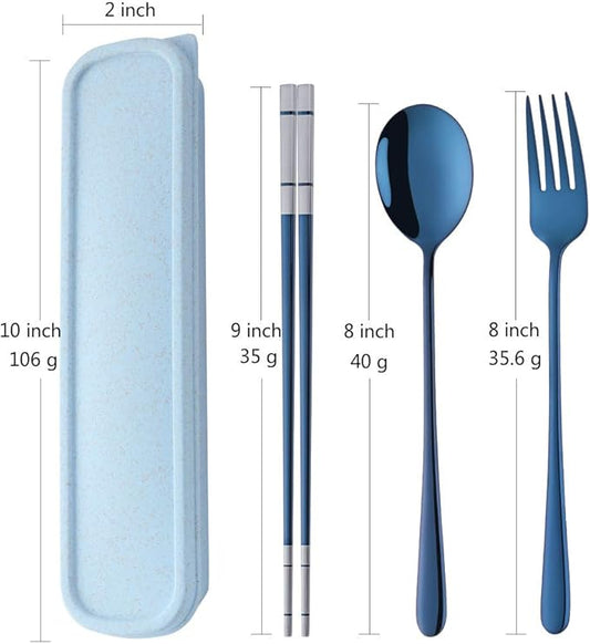 3 PCS Stainless Steel Travel Camping Flatware Set Fork Spoon Chopsticks with Portable Case, Blue
