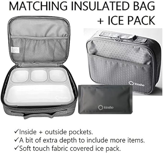 kinsho Bento-Box with Lunch Bag and Ice Pack Set. Containers for Kids Adults Boys Girls Snacks and Lunches. 4 Compartments, Leakproof Portion Container Boxes Insulated Bags for School, Grey