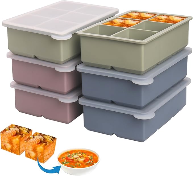 1/2 Cup Silicone Freezer Tray With Lid,Silicone Freezer Molds 6-Pack For meal prep & freezing of various sauces and other dishes, makes 36 perfect 1/2 cup portions cubes (Multicolor 6 Pack)