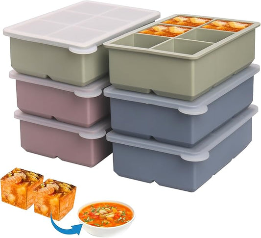 1/2 Cup Silicone Freezer Tray With Lid,Silicone Freezer Molds 6-Pack For meal prep & freezing of various sauces and other dishes, makes 36 perfect 1/2 cup portions cubes (Multicolor 6 Pack)