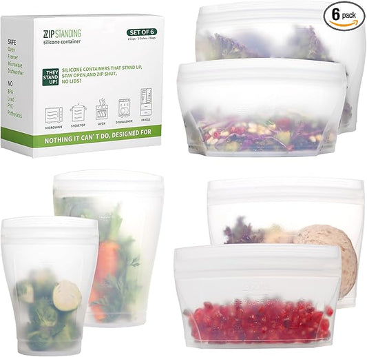 Reusable food container, silicone bag, 6 Pcs Zip Containers Can be used for fruit and vegetable snacks, etc. Microwave Dishwasher and Freezer Usable (white)