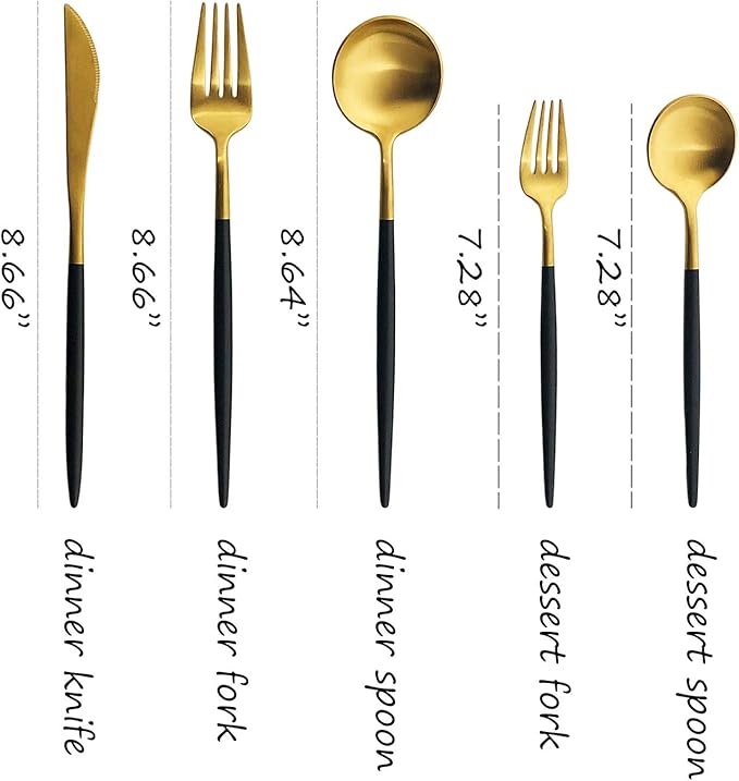 Silverware Set, Hand polished Matte Gold Black Flatware Cutlery Set Service for 2, Satin Finish 10 Pieces 18/10 Stainless Steel Utensils Set for Home and Restaurant, Dishwasher Safe