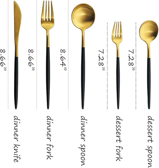 Silverware Set, Hand polished Matte Gold Black Flatware Cutlery Set Service for 2, Satin Finish 10 Pieces 18/10 Stainless Steel Utensils Set for Home and Restaurant, Dishwasher Safe