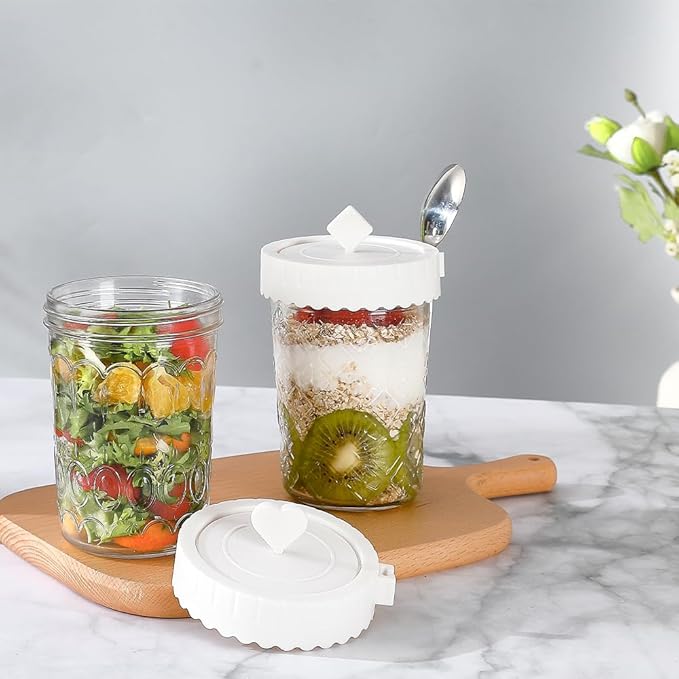 4 Pack Glass Yogurt Parfait Jars with Lids and Spoons, 100% Leak Proof Mason Jars, 20 oz Meal Prep Containers Reusable, Glass Jars for Overnight OatsYogurtSoupSnackParfait - White