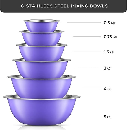 JoyJolt Stainless Steel Mixing Bowl Set of 6-5qt to 0.5qt Nesting Bowls for Dough, Batter & Baking