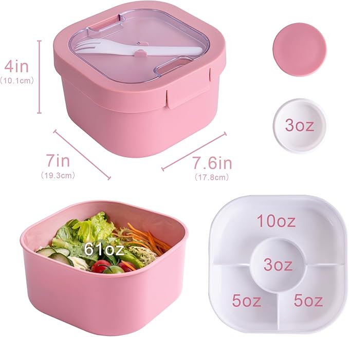 All-in-One Bento Box Container - Large 61-oz Adult Lunch Box with Bag, 4-Compartment Bento-Style Tray, 3-oz Sauce Container, and Reusable Fork - Dishwasher, Microwave (red)