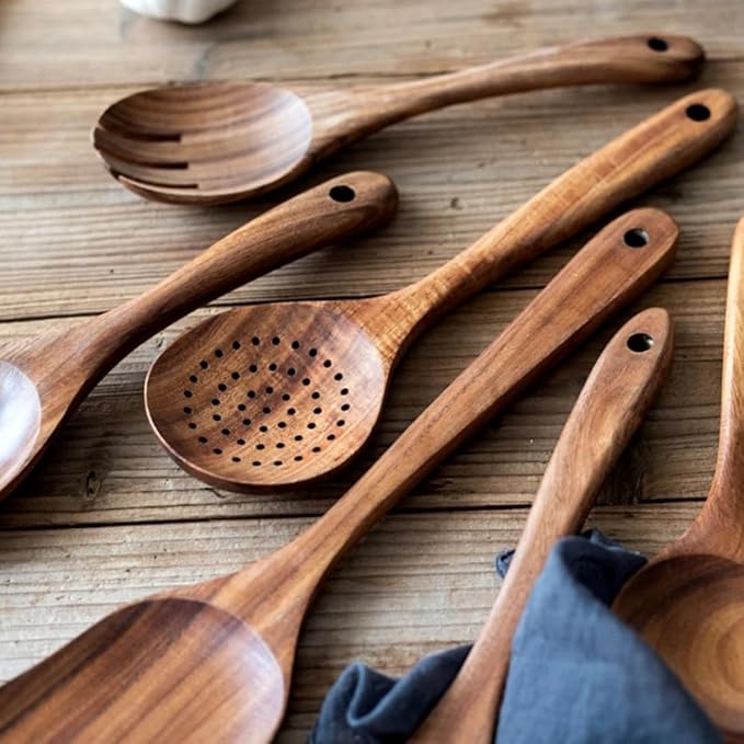 Natural Wood Non-Stick Cooking Utensil Set – Durable Wooden Kitchen Tools for Serving, Stirring, and Cooking | Eco-Friendly, Heat-Resistant, and Scratch-Proof