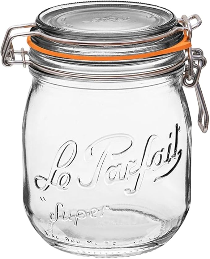 Le Parfait Super Jar, Canning Jars, 750mL French Glass Canning Jar w/Round Body, Glass Jars w/Airtight Lid, Canning Jar Wide Mouth, Glass Jar w/Lid, Clear Jars, Clear Glass Jar (24oz/Pint & Half, 1pk)
