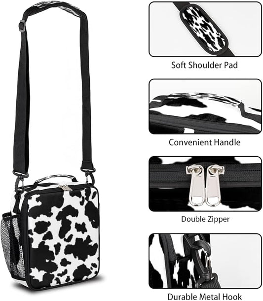 Cow Print Kids Lunch Box Black White Cow Insulated Lunch Bag Tote for Girls Boys Cooler Freezable Meal Prep Bag with Shoulder Strap Waterproof Lunch Container for School Office Picnic
