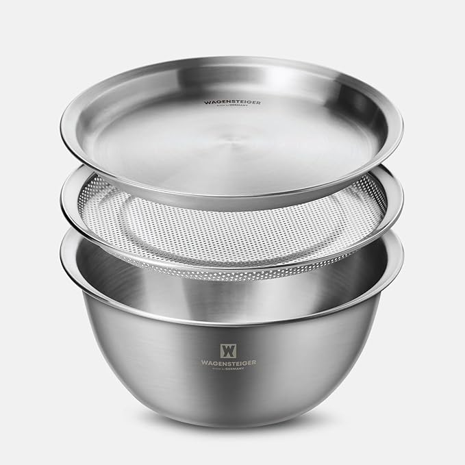 Stainless Steel Mixing Bowl Set (3-Piece) – Multifunctional Food Prep & Baking Tools with Strainer and Serving Tray, Oil Drain Tray, Nesting Storage, Easy Measurement Marks (8.66 Inch)