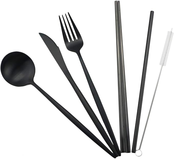 Reusable Travel Utensils, 7 Piece Portable 304 Stainless Steel including Knife Fork Spoon Chopsticks Cleaning Brush Straws Portable Pouch, Eco-friendly Camping Silverware Set, Dishwasher Safe