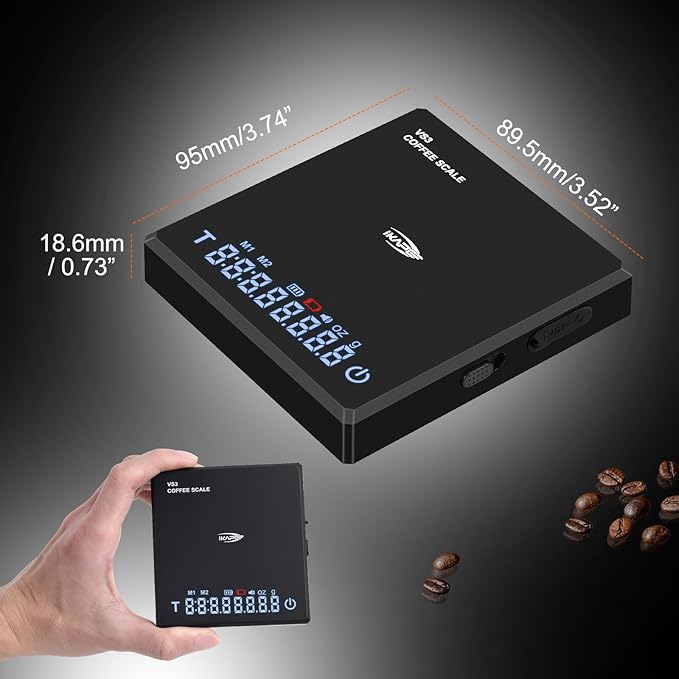 IKAPE Digital Mini Coffee Scale with Timer, 2kg/0.1g High Precision Rechargeable Drip Espresso Scale with Tare Function, LED Display(Black)