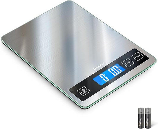 33LB Digital Kitchen Scale with Tempered Glass and Stainless Steel Surface, 1g/0.1oz Food Scale with Backlight Display, AAA Batteries, for Baking, Making Sourdough Bread, Meal Prepping Black