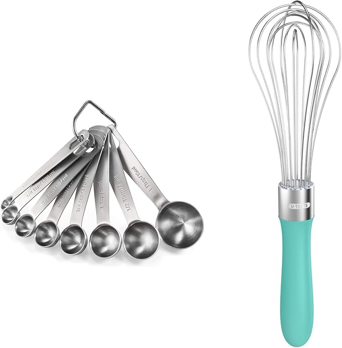 18/8 Stainless Steel Measuring Spoons Set for Dry and Liquid Ingredients (Set of 8), and 18/10 Stainless Steel Balloon Whisk for Kitchen Cooking with 8 Flex Wires (Aqua Sky)