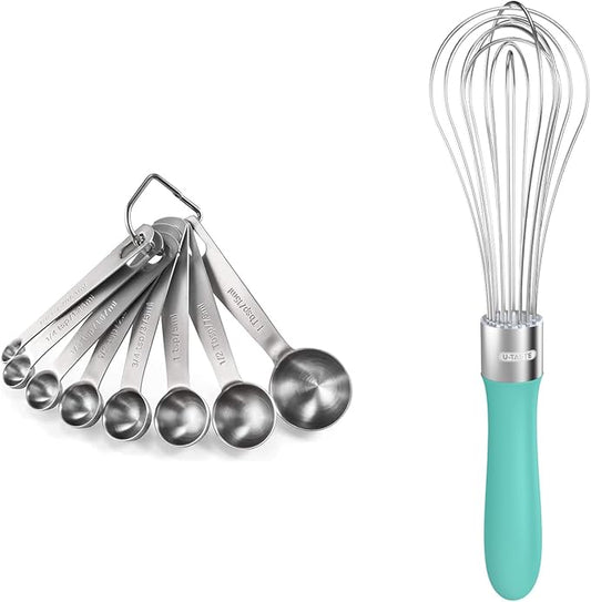 18/8 Stainless Steel Measuring Spoons Set for Dry and Liquid Ingredients (Set of 8), and 18/10 Stainless Steel Balloon Whisk for Kitchen Cooking with 8 Flex Wires (Aqua Sky)