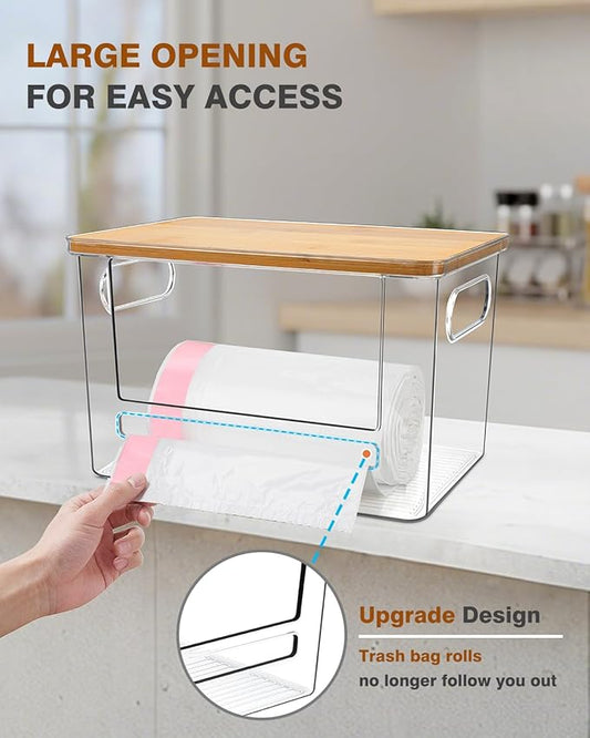 Trash Bag Dispenser 2 Pack, Acrylic Garbage Bag Dispenser with Bamboo Top, Extra Large Trash Bags Holder Dispensers Under Sink for Kitchen, Pantry, Laundry Room, Cabinet Organizer and Storage
