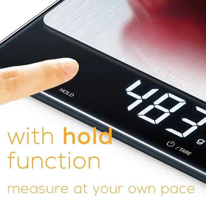 Beurer KS34 Digital Kitchen Scale - Precise Scale for Food Ounces and Grams, 33lbs Capacity, XL Weighing Platform for Meal Prep, Magic Display, Tare Function - Batteries Included - Black Glass