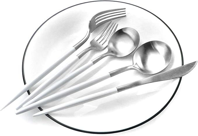 White Silver Flatware, Royal 20-Piece Matte White Handle 18/10 Stainless Steel Tableware Sets for 4 Including Forks Spoons Knives, Camping Silverware Travel Utensils Set Cutlery (White Silver)