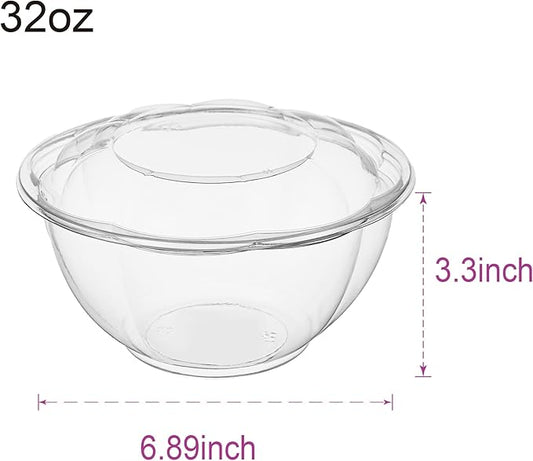 FULING [32 oz. 50 Sets Clear Plastic Salad Bowls with Airtight Lids Disposable To Go Mixing Containers Serving for Fruit, Quinoa, Lunch and Meal Prep
