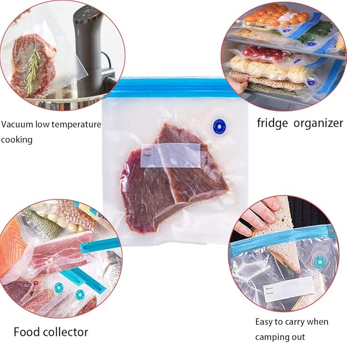 Sous Vide Bags 15pack Large Size 10.2x13.4in/ 26x34cm Food Vacuum Storage Bags, Reusable Vacuum Zipper for Sous Vide Cooking, 4 Sealing Clips for Food Storage and Sous Vide Cooking.