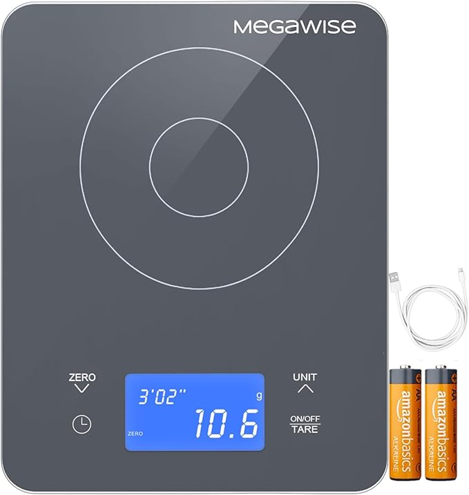 MEGAWISE High Precision 0.1g Coffee/Food Scale with Timer, Dual Power Supply, Waterproof Tempered Glass, 5 Weighing Modes, Professional Coffee Brewing Timer Kitchen