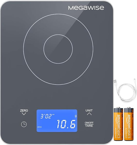 MEGAWISE High Precision 0.1g Coffee/Food Scale with Timer, Dual Power Supply, Waterproof Tempered Glass, 5 Weighing Modes, Professional Coffee Brewing Timer Kitchen