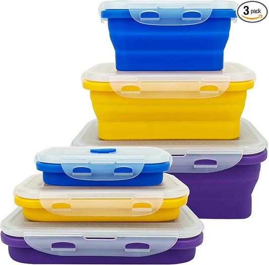 Camping Travel Collapsible Food Storage Container with Lids, Stackable Silicone Storage Containers Meal Prep Containers with Ideal Portion 350ml-540ml-800ml, Microwave Safe,3Piece