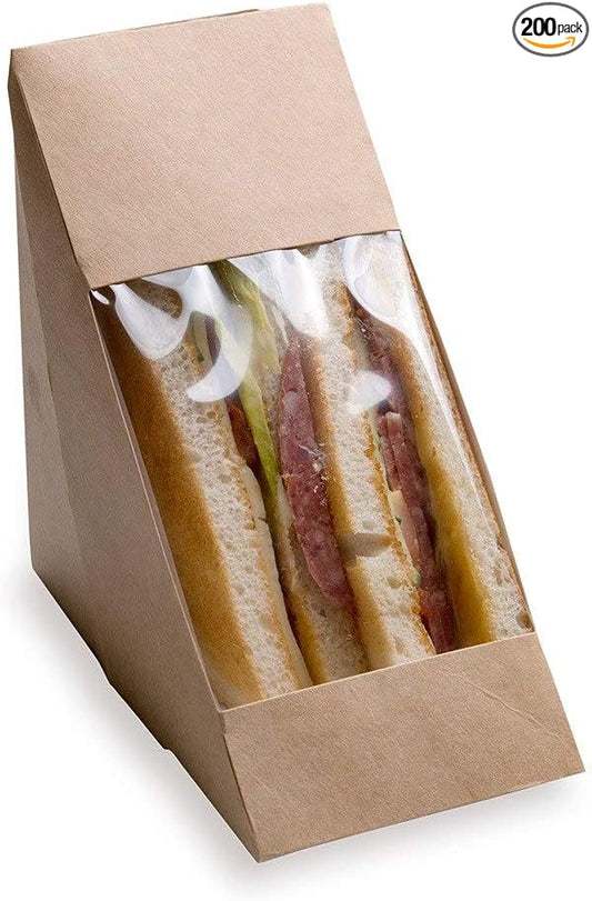 Restaurantware Cafe Vision 4.8 x 2.8 Inch Sandwich Paper Boxes, 200 Medium Sandwich Wedge Boxes - With Window, Disposable, Kraft Paper Triangle Sandwich Containers, Grease-Resistant Lining